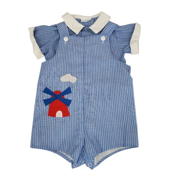 Neiman Marcus Betti Terrell Vintage Blue Striped Baby Romper Windmill Design - Picture 1 of 13
